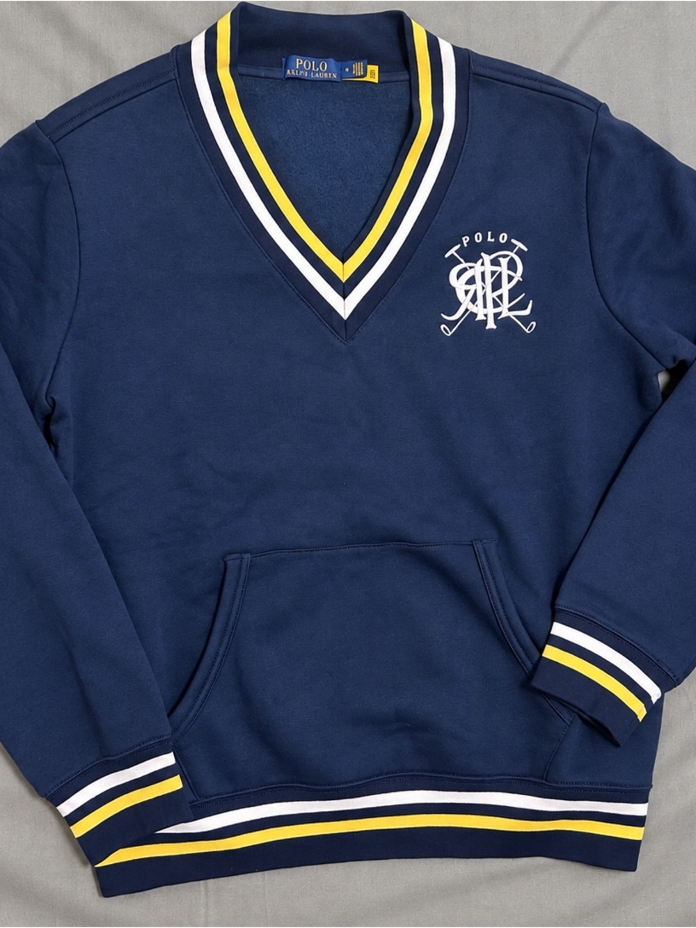 Polo by Ralph Lauren Navy V-Neck Sweater with Yellow & White Trim